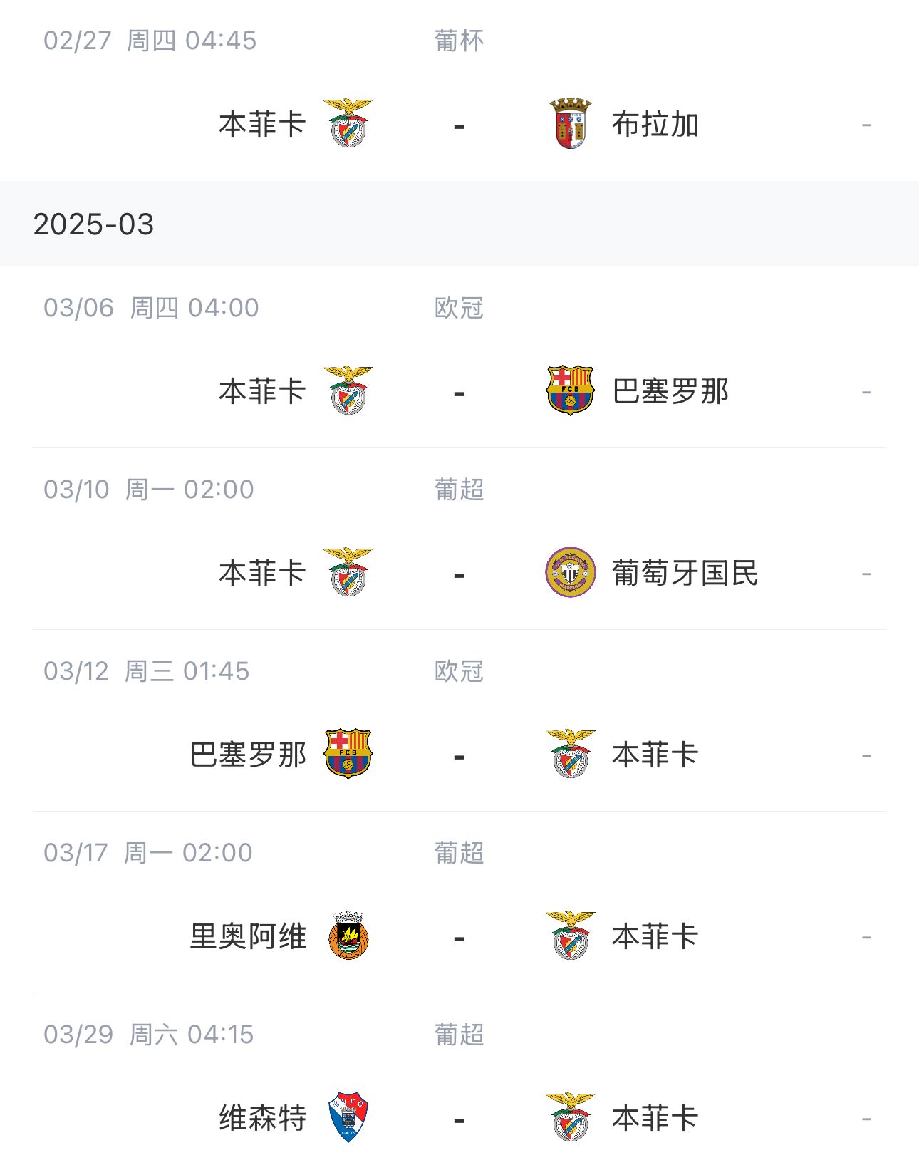  讓路歐冠！本菲卡戰(zhàn)巴薩首回合比賽前的葡超比賽推遲進(jìn)行