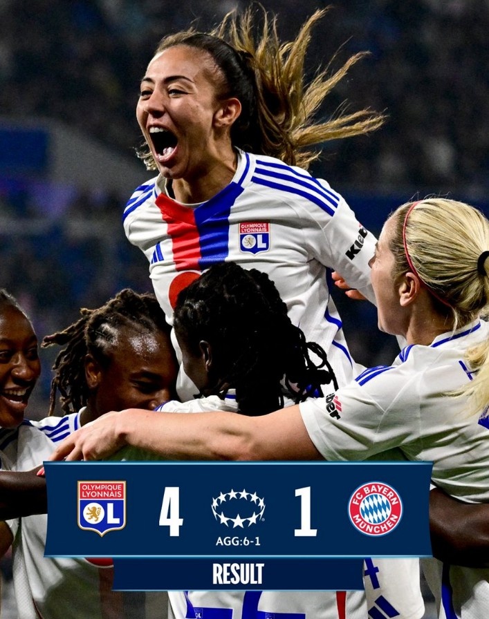  里昂女足4-1大勝拜仁女足，總比分6-1晉級女足歐冠半決賽